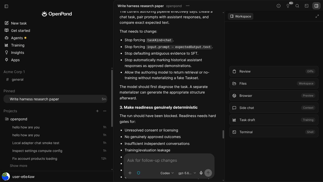 OpenPond workspace with a conversation beside review, files, browser, and terminal tools
